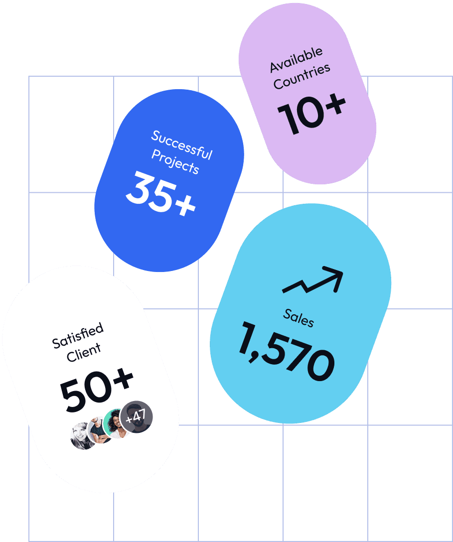 Illustration showing Xfinity Soft's growth figures: 35+ successful projects, 10+ countries served, 1,570 sales, and 50+ satisfied clients.