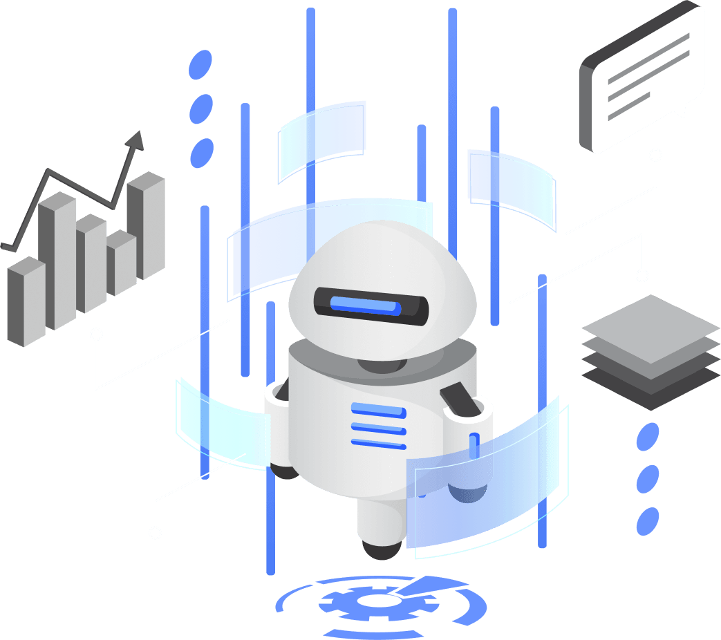 Illustration of a robot surrounded by analytics charts and data layers, representing SEO and marketing analytics.