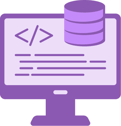 Full stack web development illustration: a monitor showing code and a database icon.