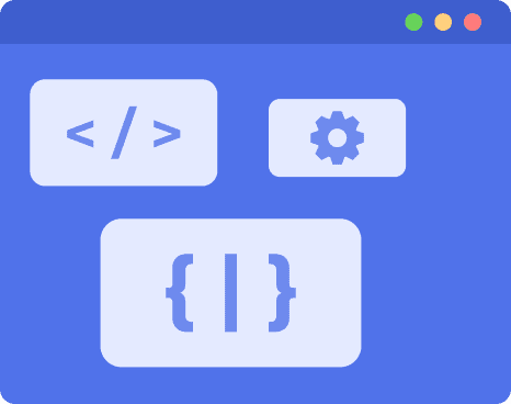 Web development illustration: a browser window with code and settings icons.