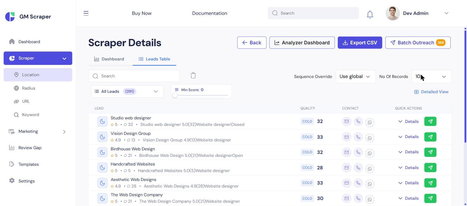 Leads table showing business names with a Cold quality tier and numeric score for each