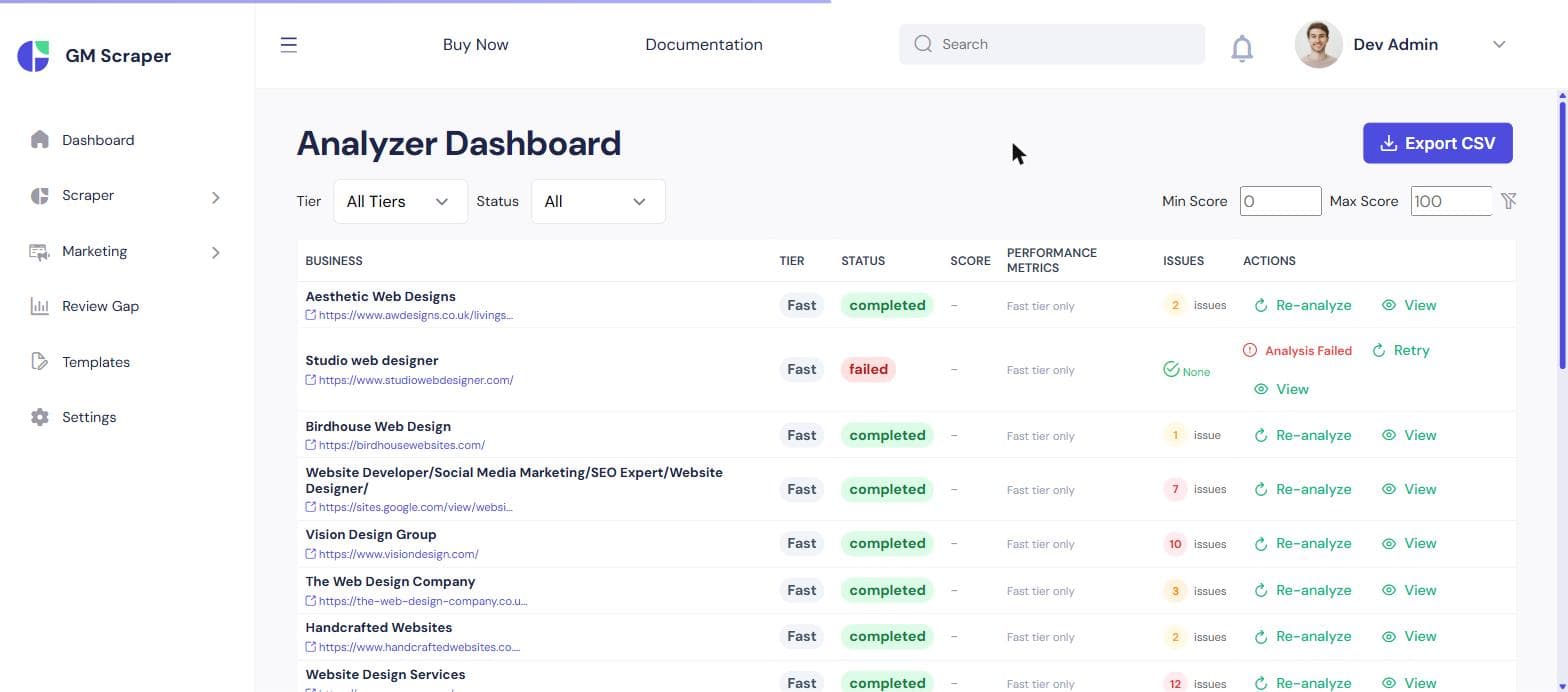 Website Analyzer Dashboard listing leads with their quality tier, status, number of issues found, and a re-analyze action for each