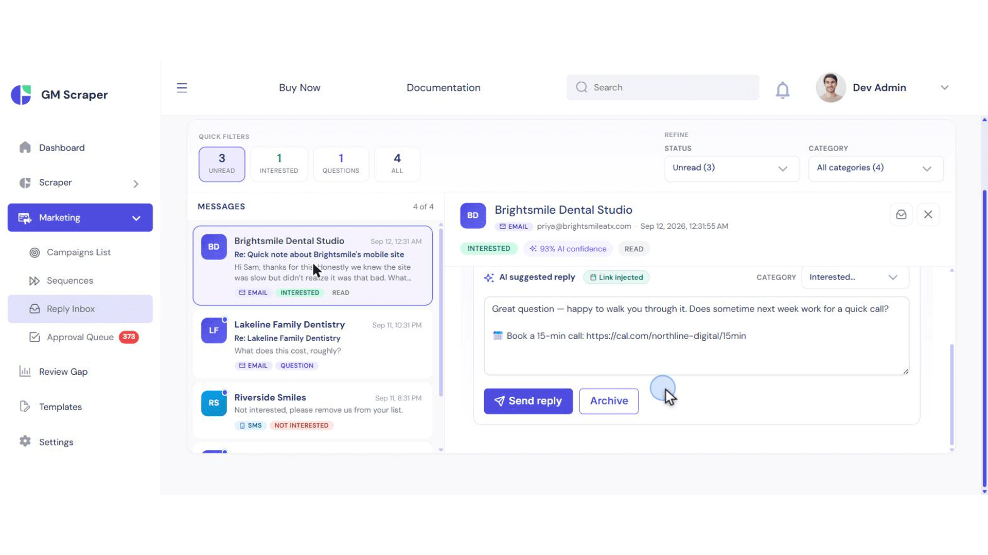 Reply Inbox showing an AI suggested reply with a Link injected badge and a Book a 15-min call booking link