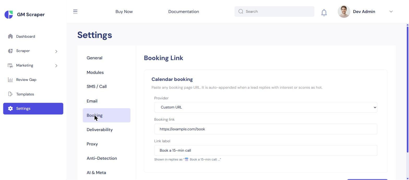 Settings Booking Link page with provider set to Custom URL, a booking link field, and a link label field reading Book a 15-minute call