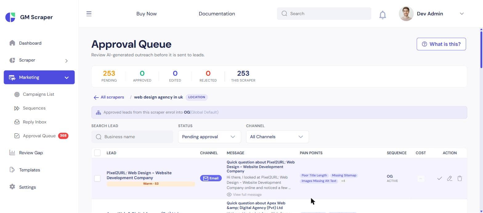 Approval Queue row showing an AI-drafted email with a subject line about the business's website, the message preview, and pain-point tags like Poor Title Length and Missing Sitemap