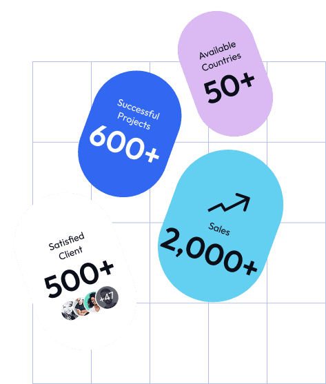 Illustration showing Xfinity Soft's growth figures: 600+ successful projects, 50+ countries served, 2,000+ sales, and 500+ satisfied clients.