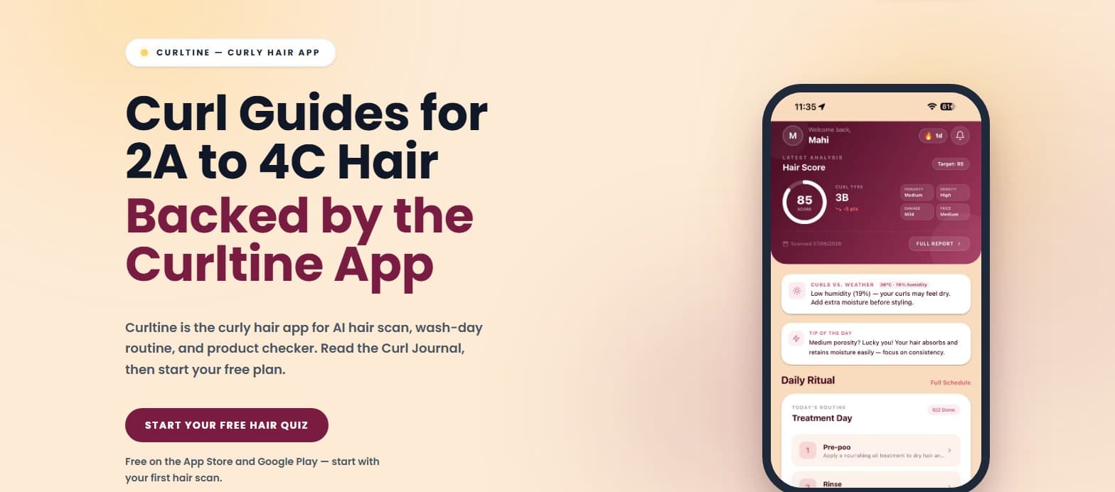 curlyhair.app homepage: Curl Guides for 2A to 4C Hair, backed by the Curltine app, with a phone showing the app's hair score dashboard