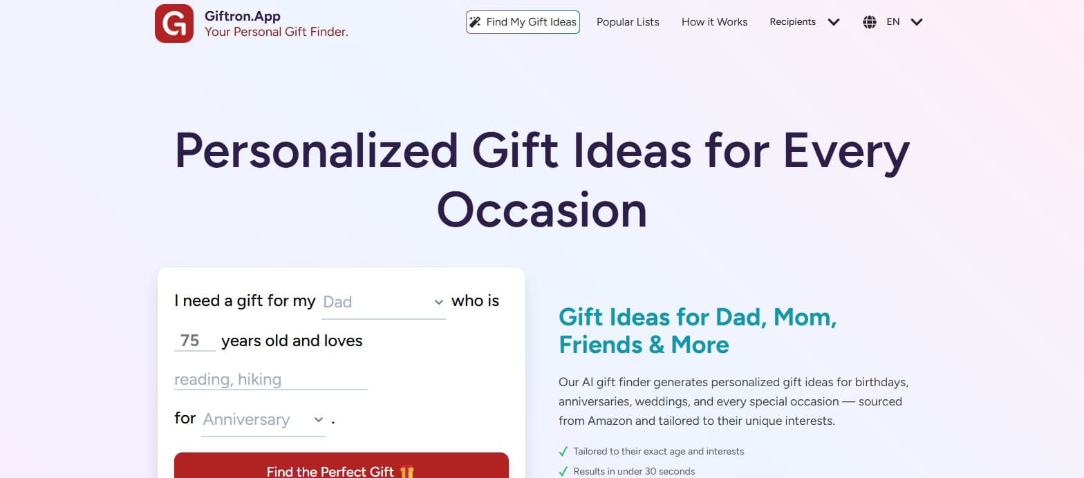 giftron.app homepage: the gift finder form asking who the gift is for, their age, interests and the occasion