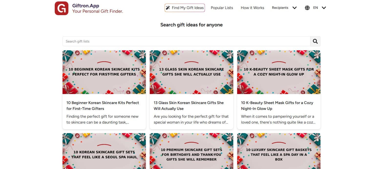 giftron.app Browse page: a search box and a grid of curated gift list cards