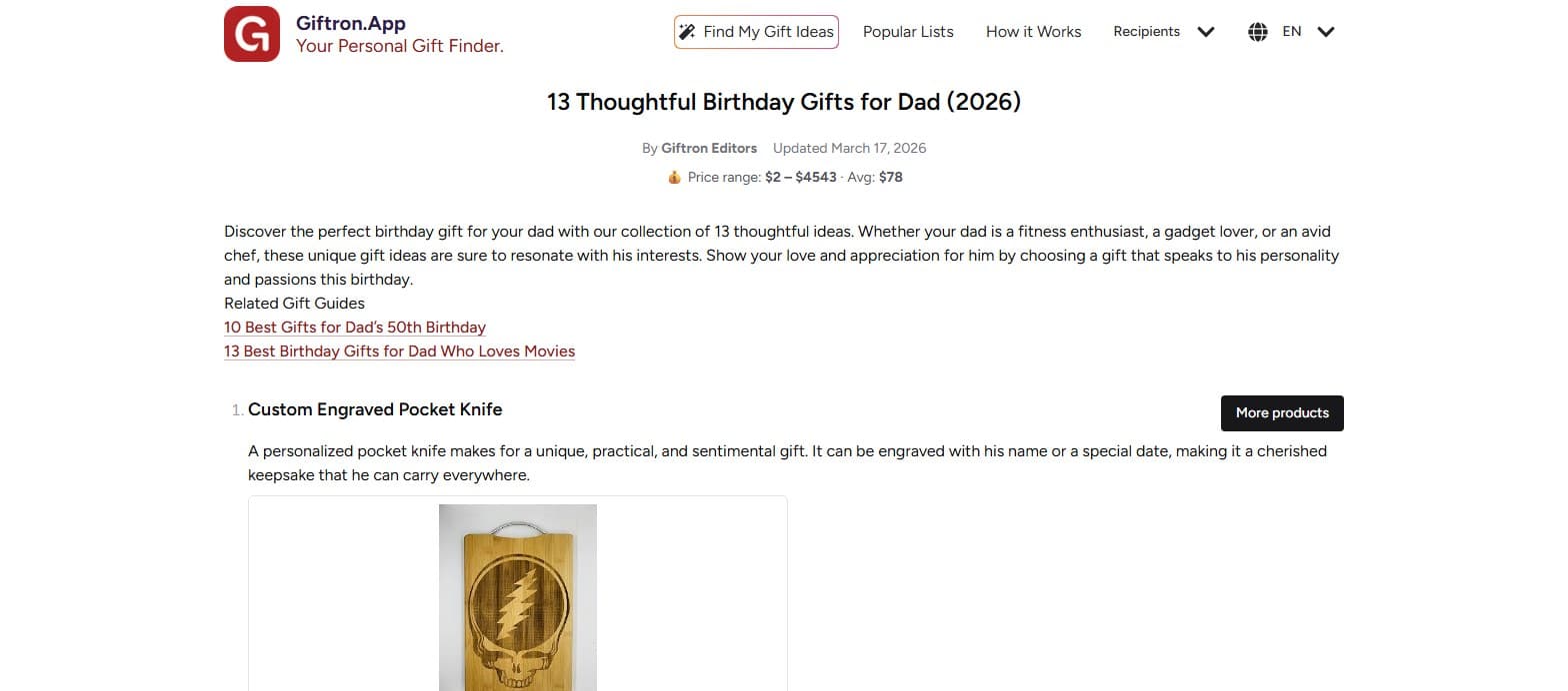 A giftron.app gift list article, "13 Thoughtful Birthday Gifts for Dad", with numbered gift ideas and product cards