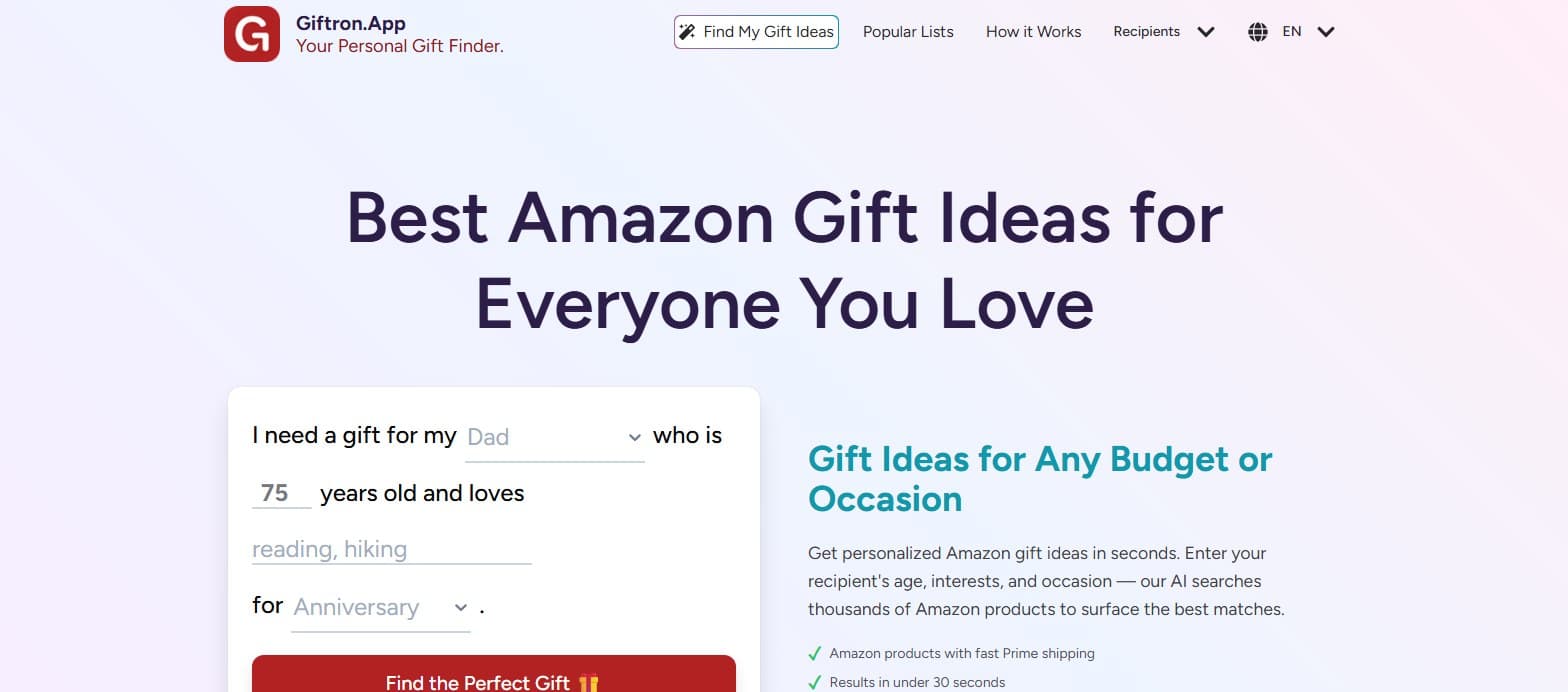 giftron.app Amazon gift ideas page: "Best Amazon Gift Ideas for Everyone You Love" with the gift finder form