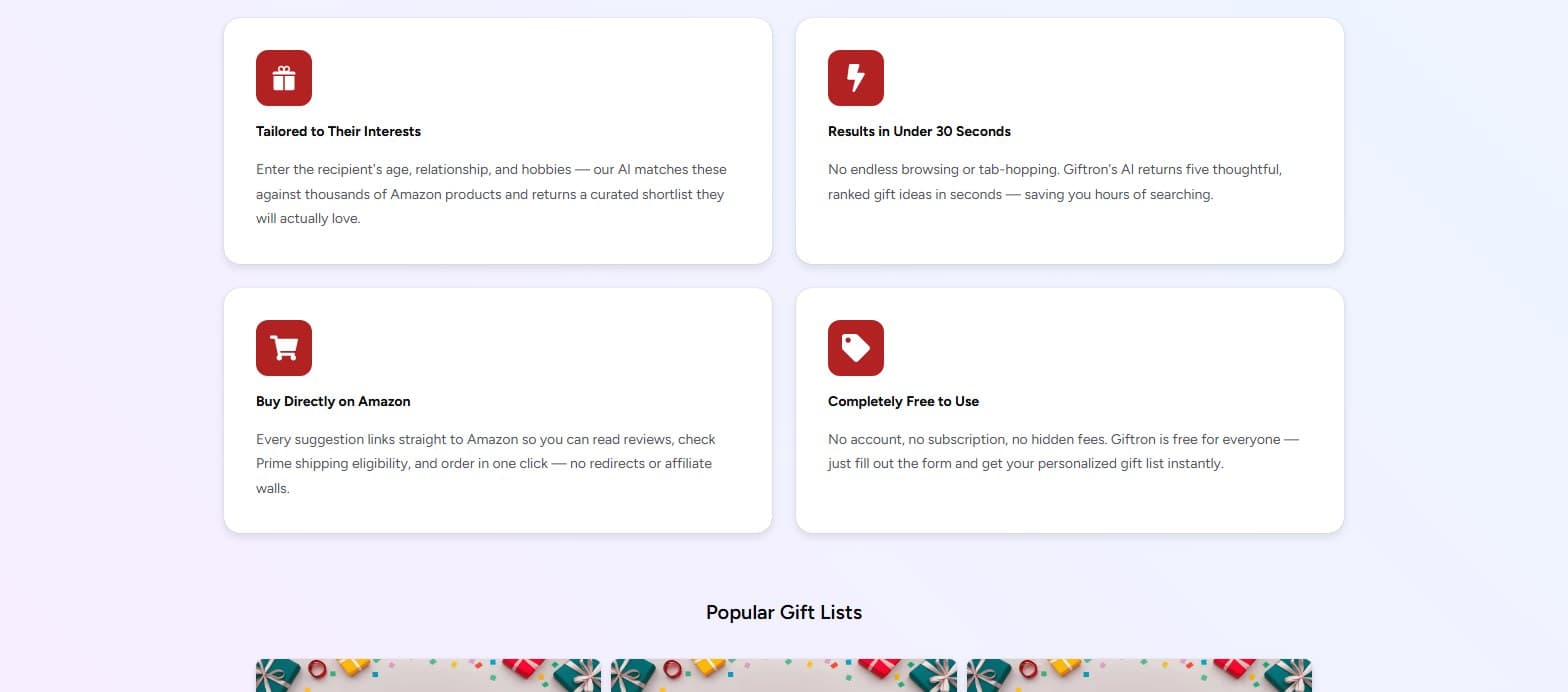giftron.app feature cards: tailored to their interests, results in under 30 seconds, buy directly on Amazon, completely free to use