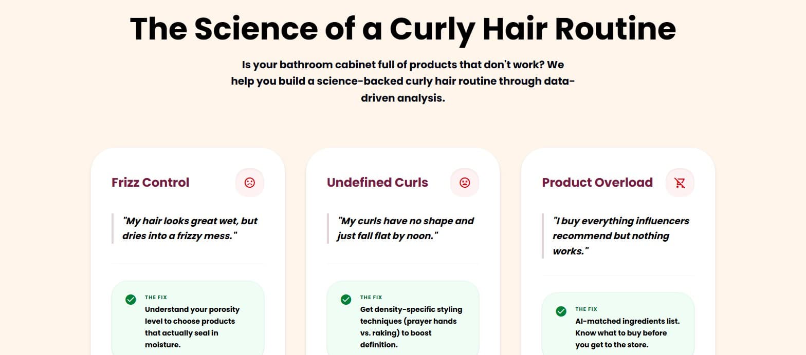 curlyhair.app: The Science of a Curly Hair Routine, with cards for frizz control, undefined curls and product overload and the fix for each