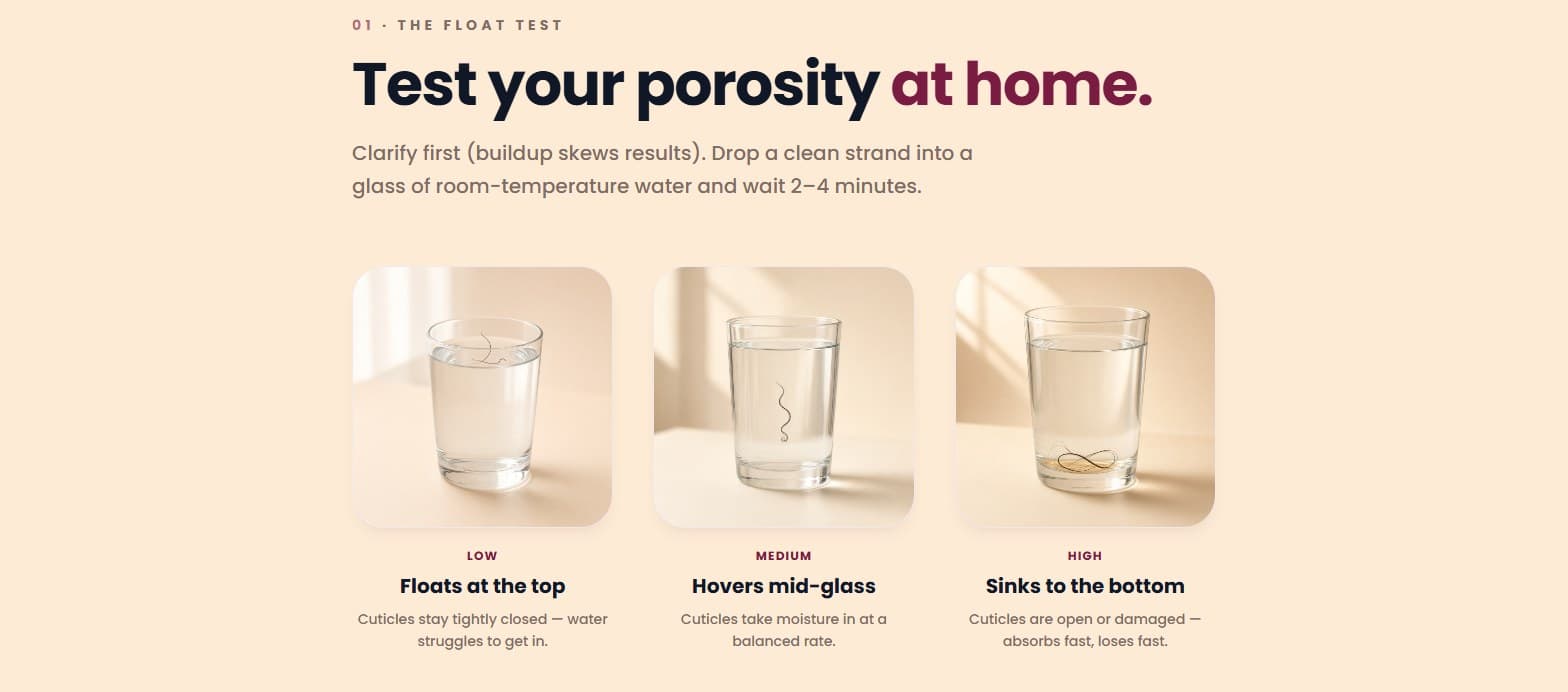 curlyhair.app porosity guide: the float test with three glasses showing low, medium and high porosity