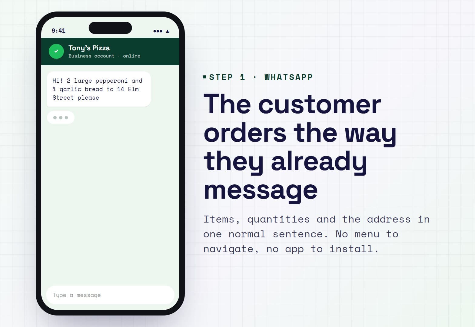 Illustration: a WhatsApp chat on a phone where a customer messages a pizza shop with their order and delivery address