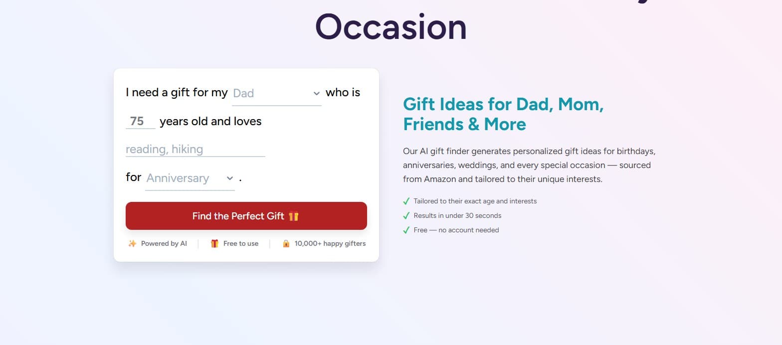 The Giftron form on giftron.app: "I need a gift for my Dad who is 75 years old and loves reading, hiking for Anniversary", with a Find the Perfect Gift button