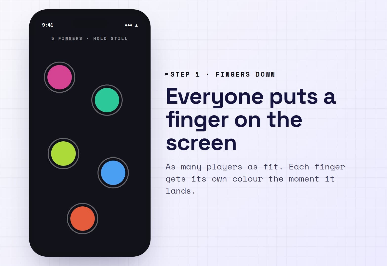 Illustration: five coloured finger circles on a dark Choosey screen with the message 5 fingers, hold still