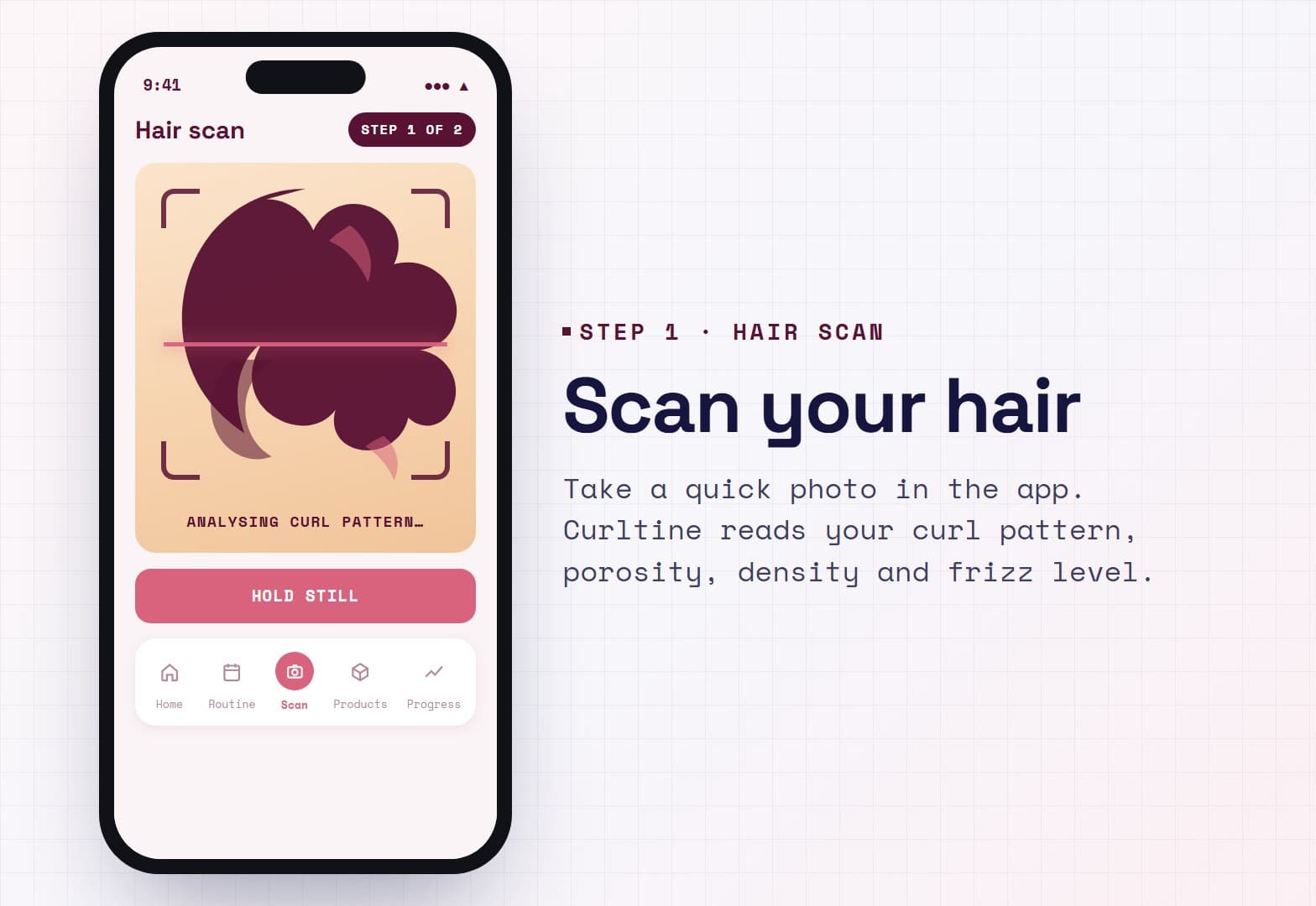 Illustration: the Curltine hair scan screen on a phone, with a scanning frame over curls and the message analysing curl pattern