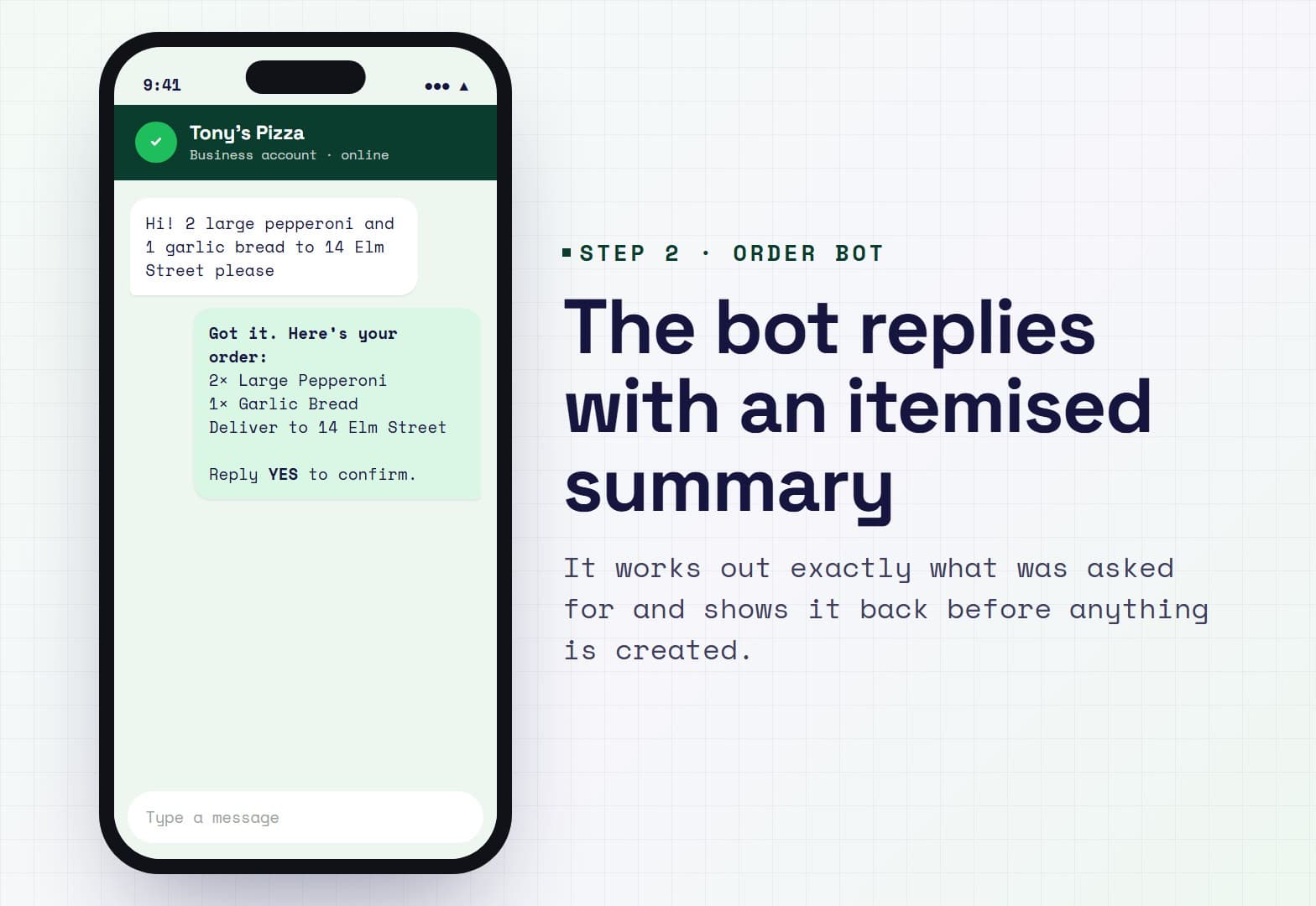Illustration: the order bot replies in WhatsApp with an itemised summary of the order and asks the customer to reply YES to confirm
