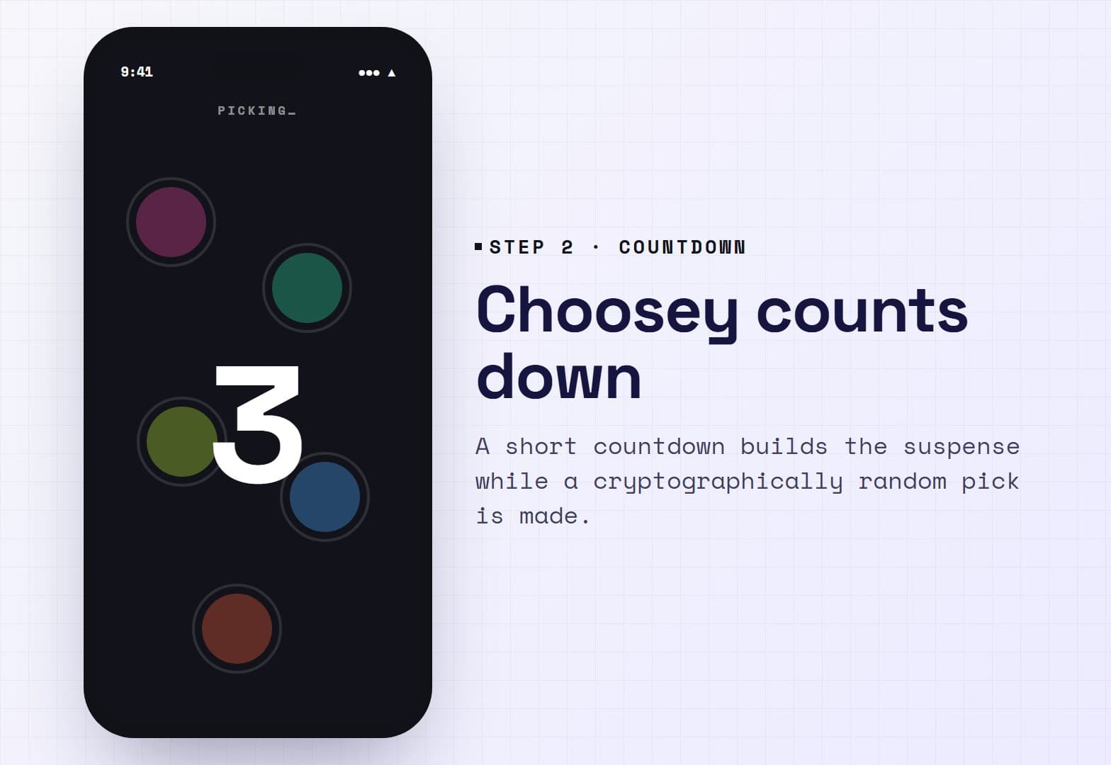 Illustration: the Choosey countdown showing a large 3 over dimmed finger circles