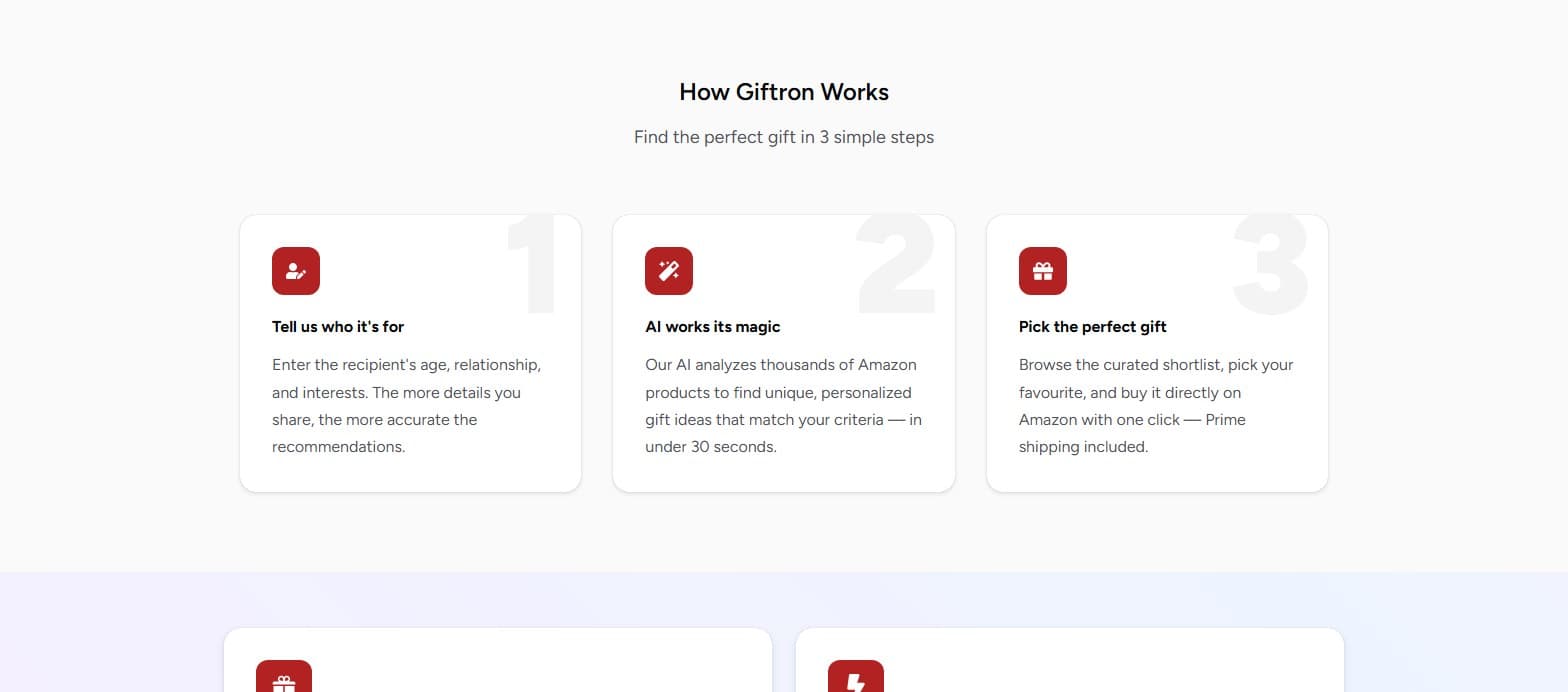 The How Giftron Works section on giftron.app, showing three steps: tell us who it is for, AI works its magic, pick the perfect gift