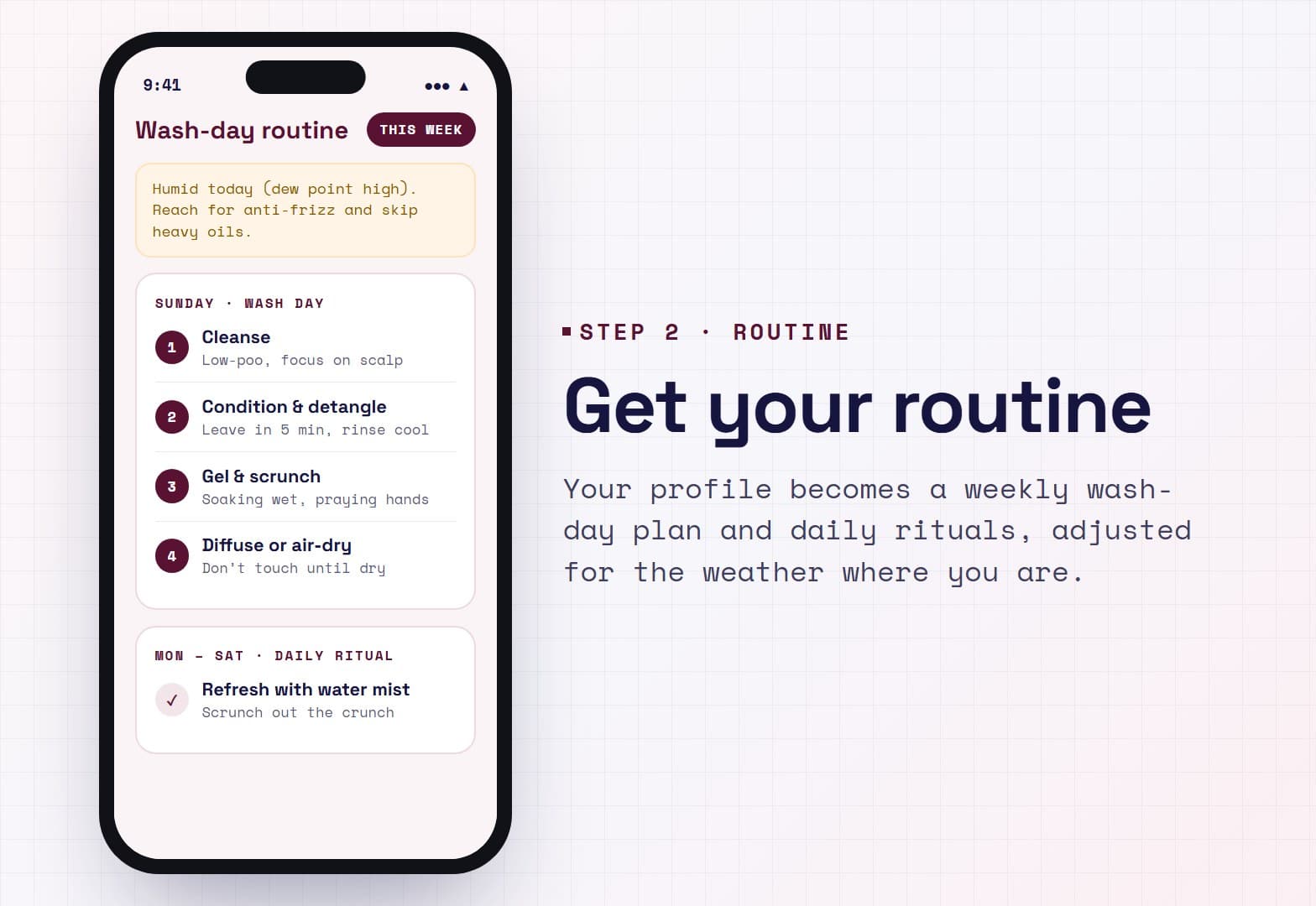Illustration: the Curltine wash-day routine screen with a humidity tip and numbered steps to cleanse, condition, gel and scrunch, and diffuse