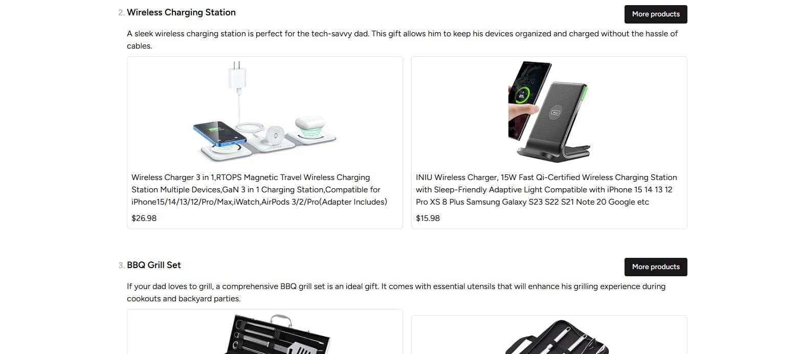 A Giftron gift list page showing product cards for a wireless charging station and a BBQ grill set, each linking to Amazon