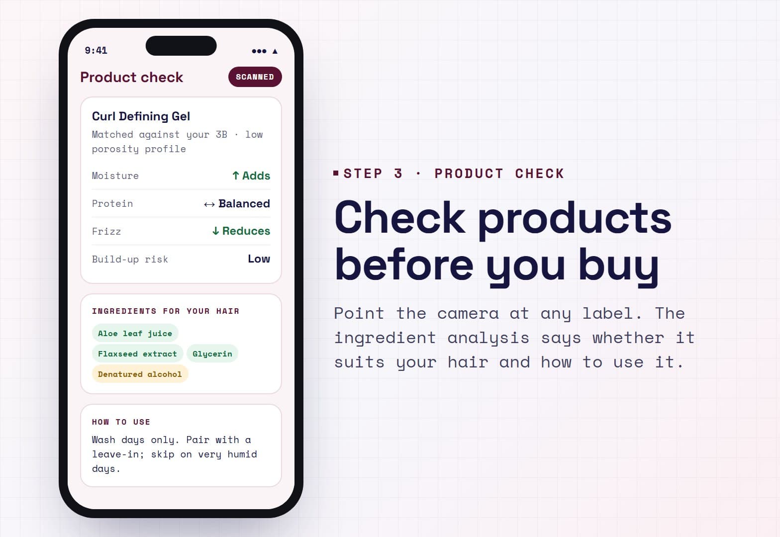 Illustration: the Curltine product check screen showing moisture, protein, frizz and build-up ratings and good versus caution ingredients for a curl gel