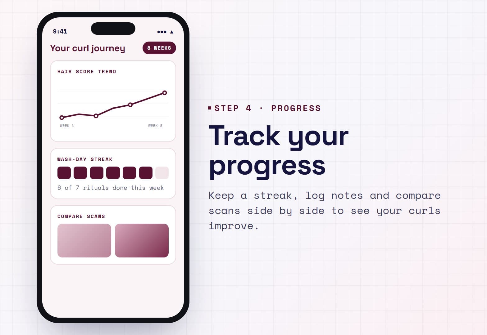 Illustration: the Curltine progress screen with a rising hair score trend chart, a wash-day streak and side-by-side scan comparison