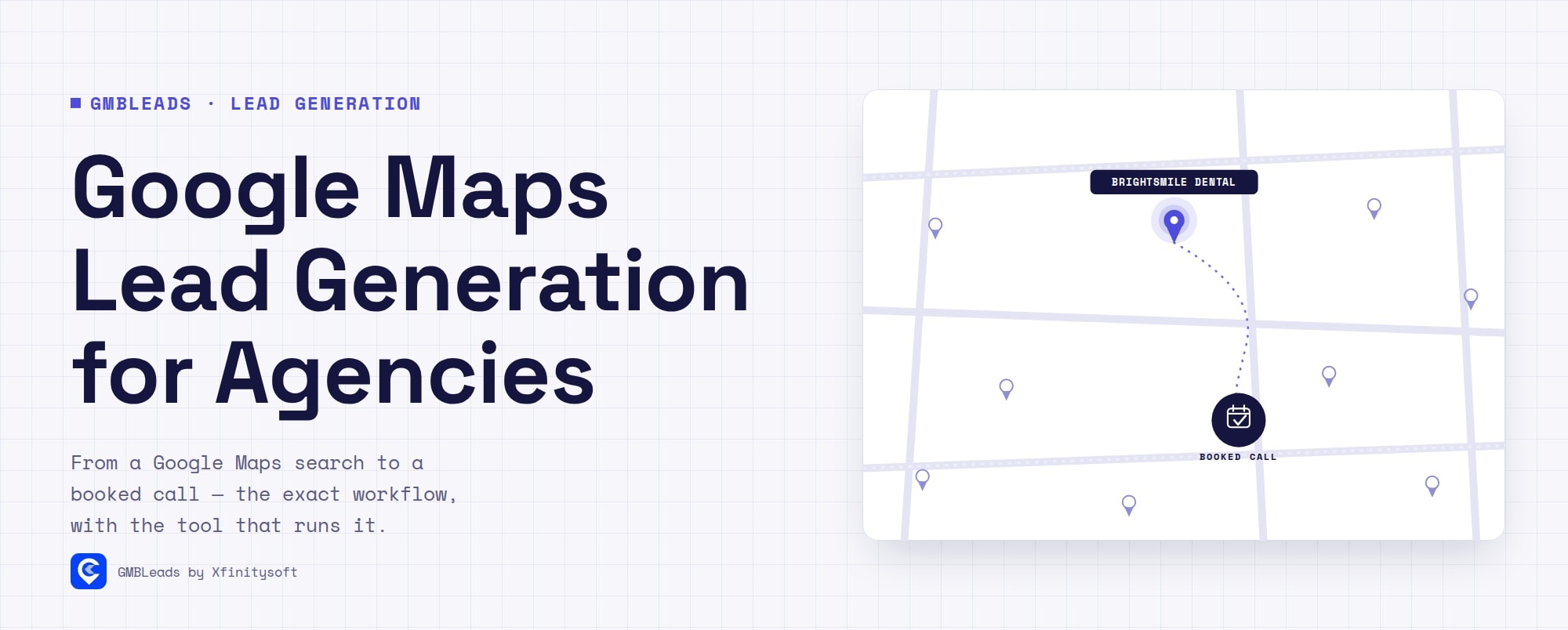 Google Maps Lead Generation for Agencies — a map interface with scattered business pins, one highlighted pin labeled Brightsmile Dental connected by a dotted route to a booked-call calendar marker, indigo-on-light palette, larger vertically-centered Space Grotesk headline, real GMBLeads logo in the footer