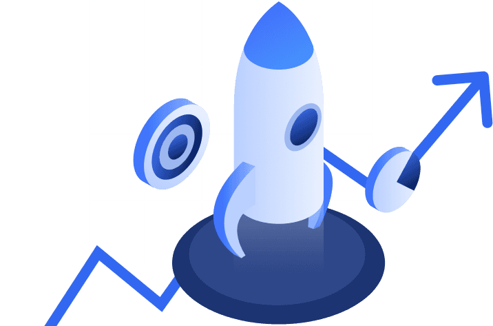 Illustration of a rocket launching above an upward growth arrow and target rings, representing business growth.