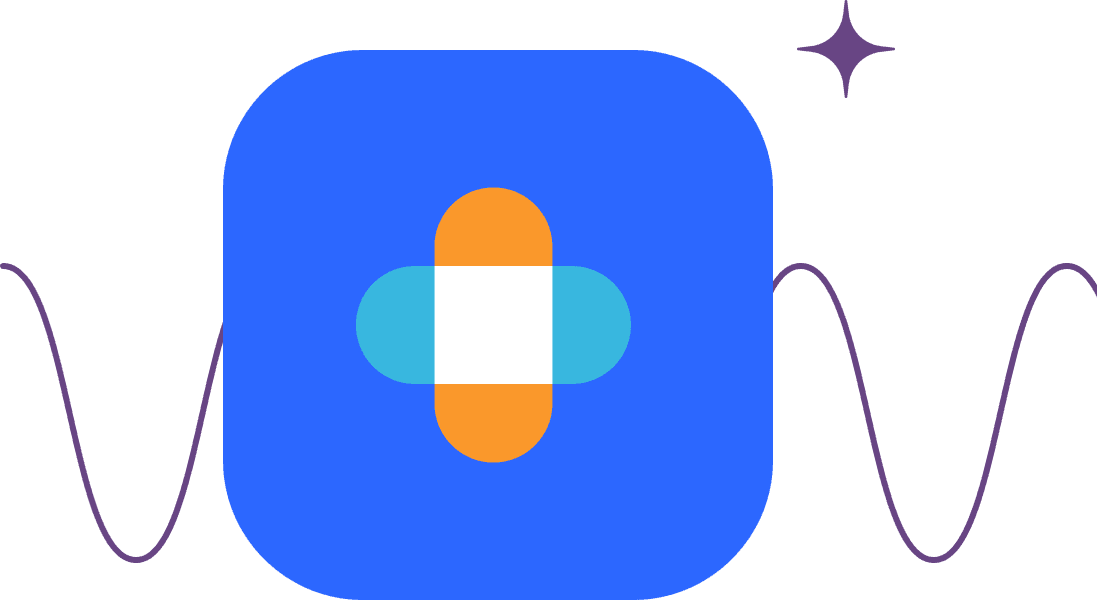 Abstract illustration of a blue rounded icon with an orange and teal cross shape, decorative wave lines, and a purple sparkle.