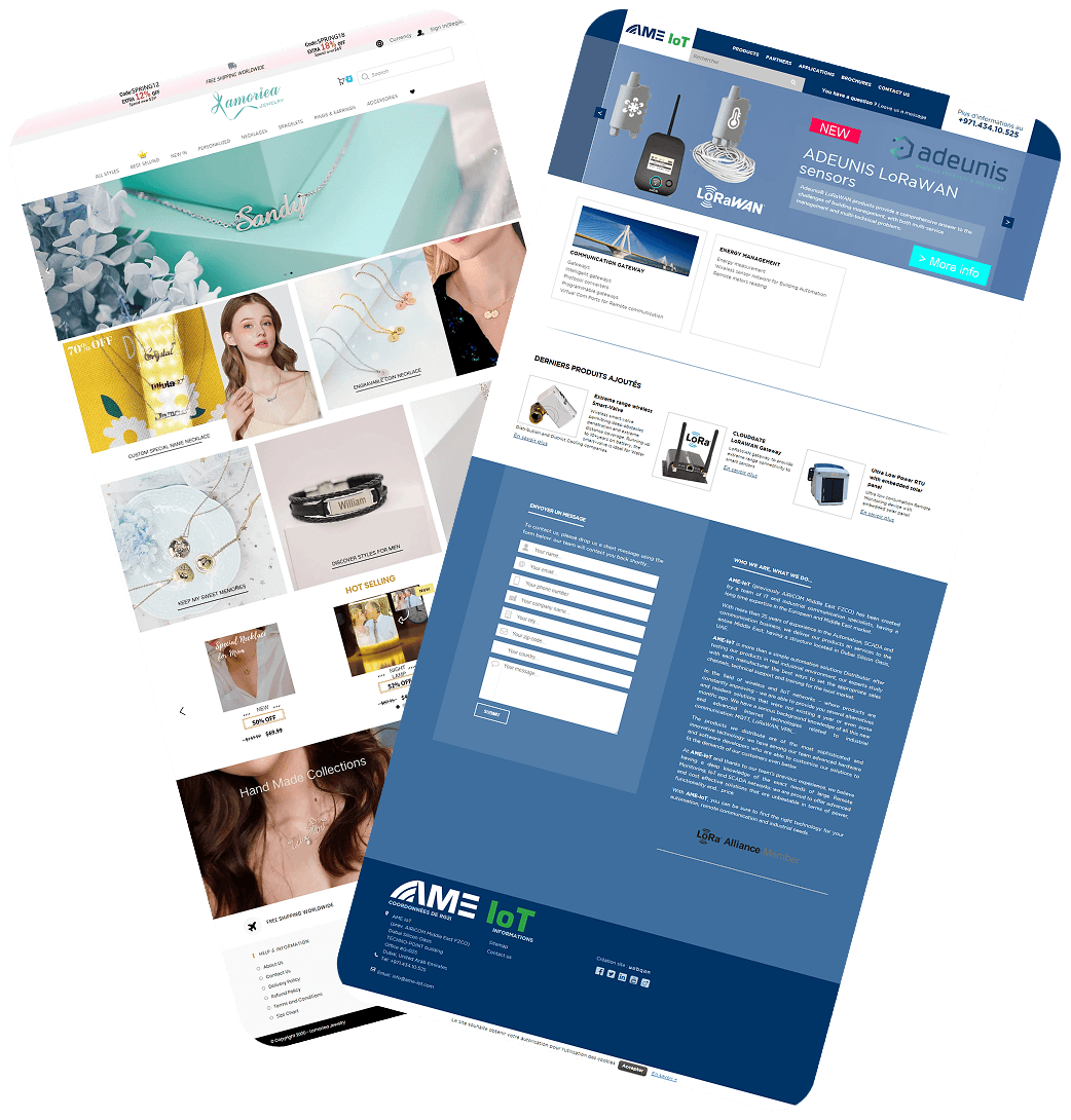 Mockup of two website designs on angled screens: an e-commerce jewellery store and an industrial IoT sensors site.