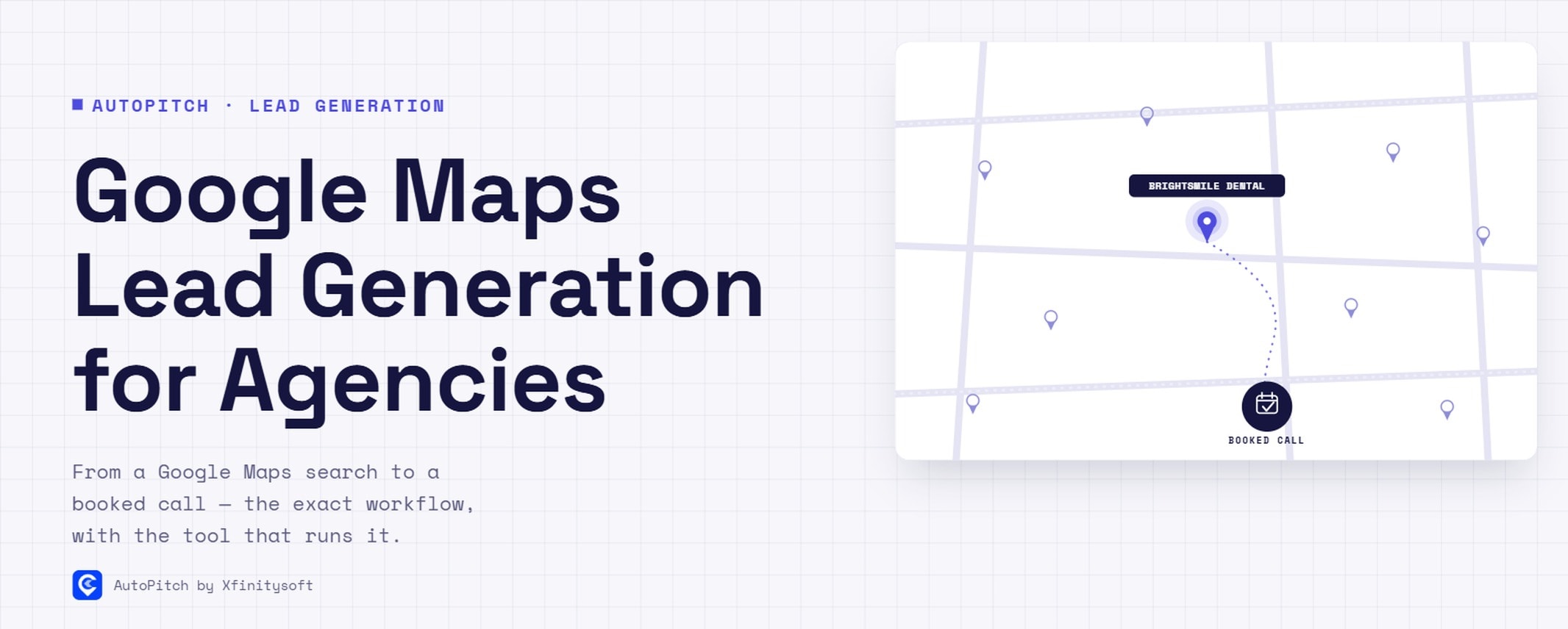 Google Maps Lead Generation for Agencies — a map interface with scattered business pins, one highlighted pin labeled Brightsmile Dental connected by a dotted route to a booked-call calendar marker, indigo-on-light palette, larger vertically-centered Space Grotesk headline, real AutoPitch logo in the footer