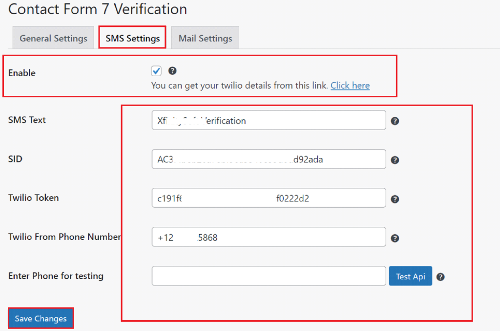 CF7 Verification SMS Settings