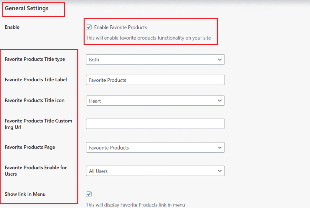 Favorite Products Sub-Tab General Settings