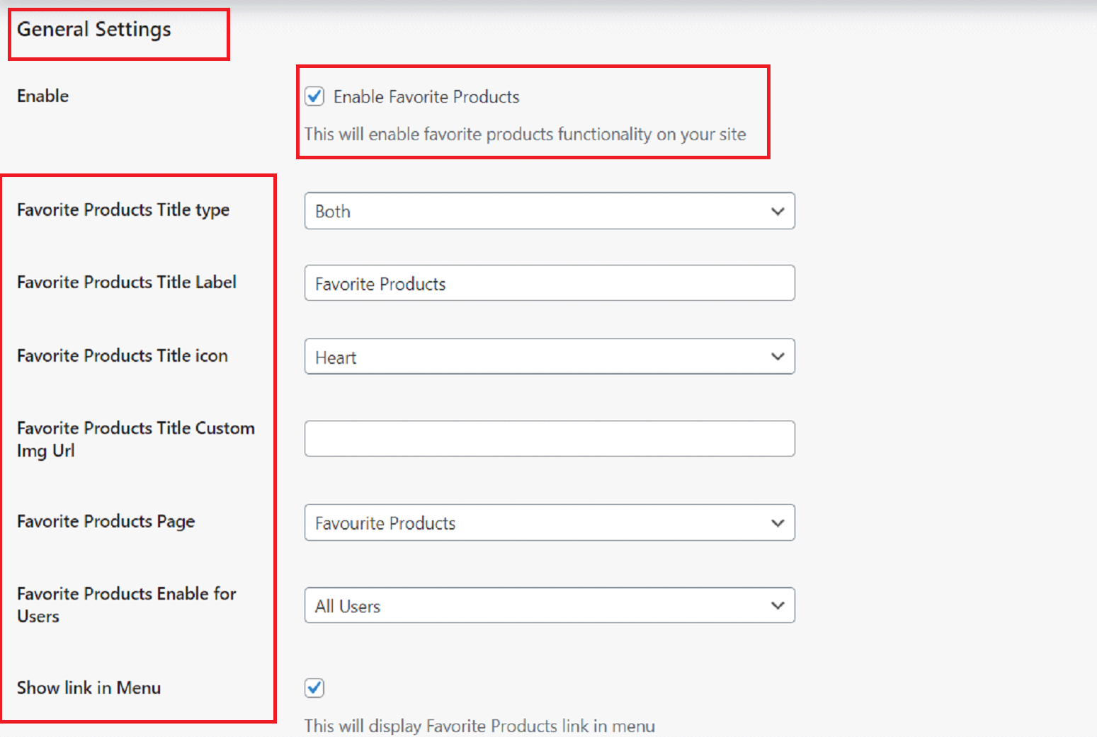 Favorite Products Sub-Tab General Settings