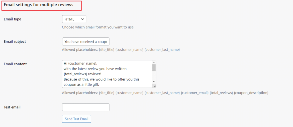 Multiple Review Email Settings