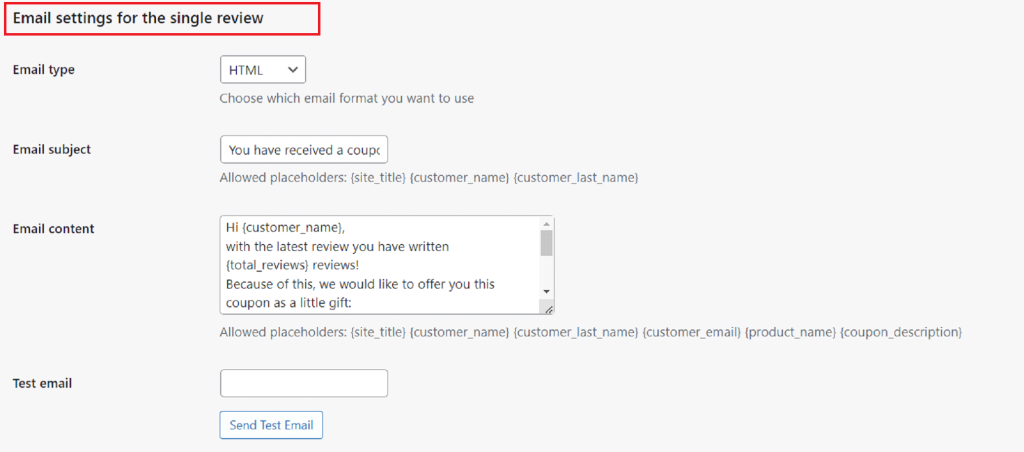 Single review email settings