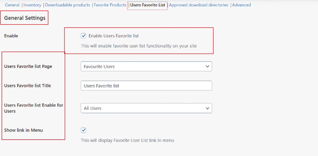 Users Favorite List Sub-Tab General Settings