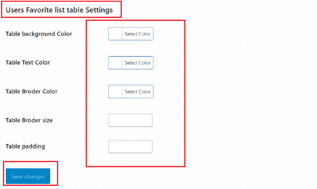 Users Favorite List Table Settings