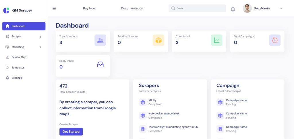 AutoPitch dashboard showing total scrapers, pending scrapers, completed jobs, campaigns, and reply inbox counts