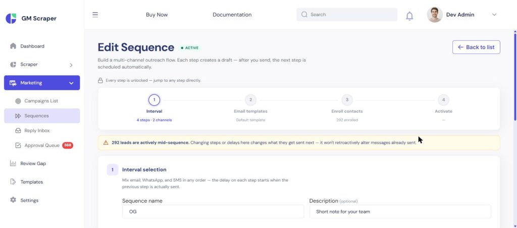 Sequence Builder wizard editing a multi-step sequence with channel and delay settings for email, WhatsApp, and SMS steps