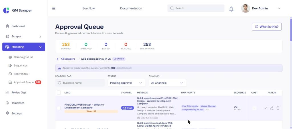 Approval Queue row showing an AI-drafted email with a subject line about the business's website and pain-point tags like Poor Title Length and Missing Sitemap