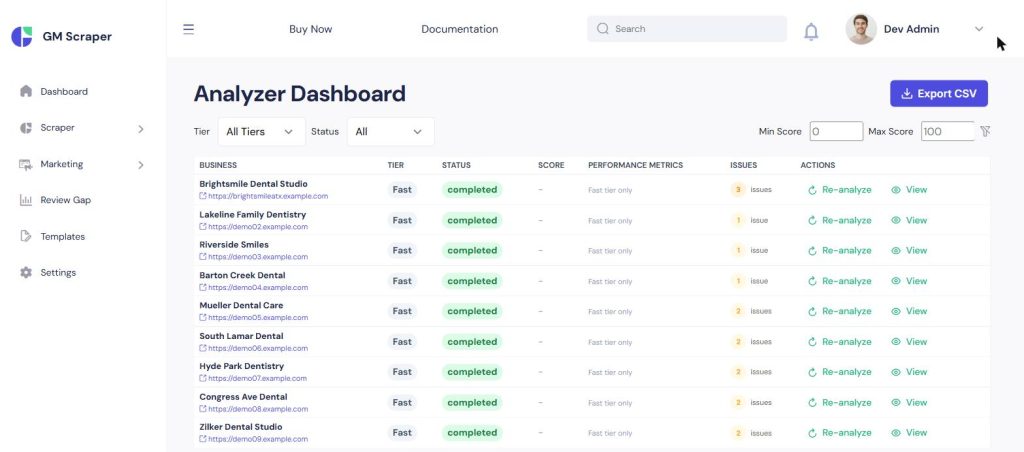 Analyzer Dashboard listing nine businesses with their analysis tier, status, and number of issues found