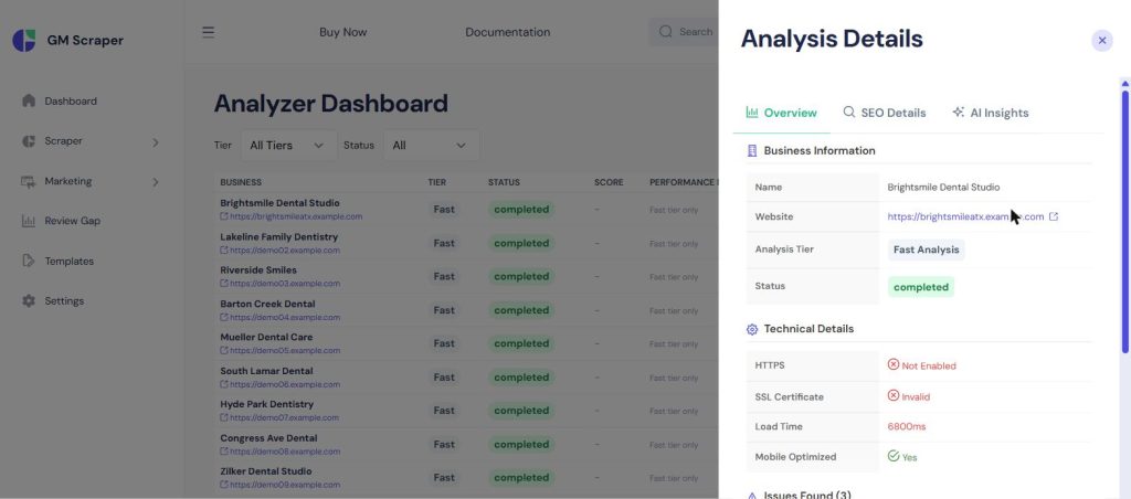 Analysis Details panel showing HTTPS Not Enabled, SSL Certificate Invalid, Load Time 6800ms, and Mobile Optimized Yes for a business website