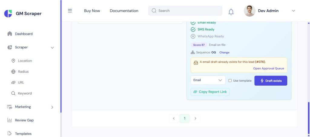 Campaign Readiness panel for a Hot 87-score lead showing Email Ready and SMS Ready status, an assigned sequence, an existing draft notice with a link to the Approval Queue, and a Copy Report Link button