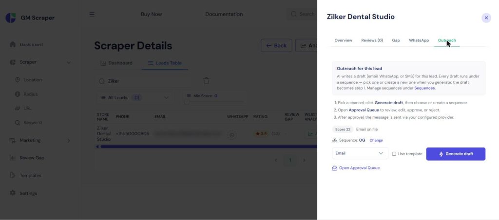 Outreach tab for a lead showing a channel selector and Generate Draft button, with the lead's score and assigned sequence