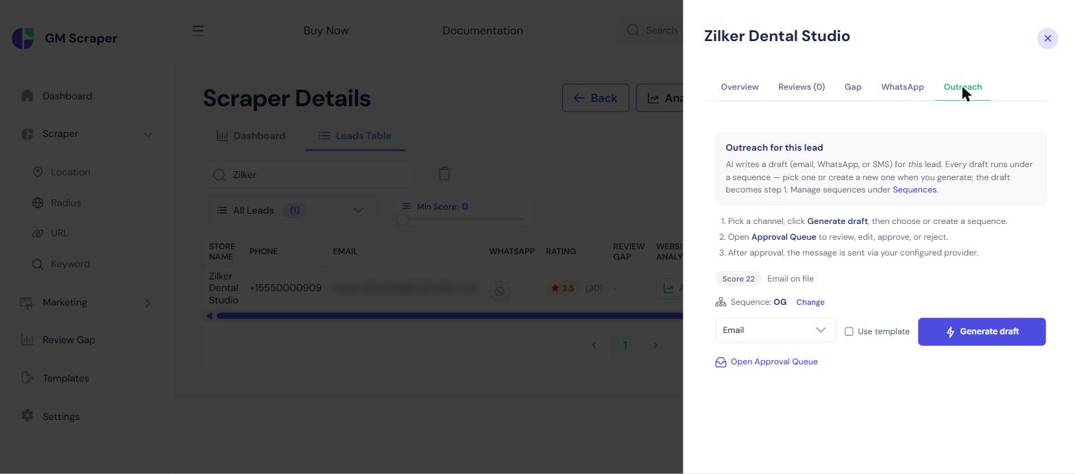 Outreach tab for a lead showing a channel selector and Generate Draft button, with the lead's score and assigned sequence