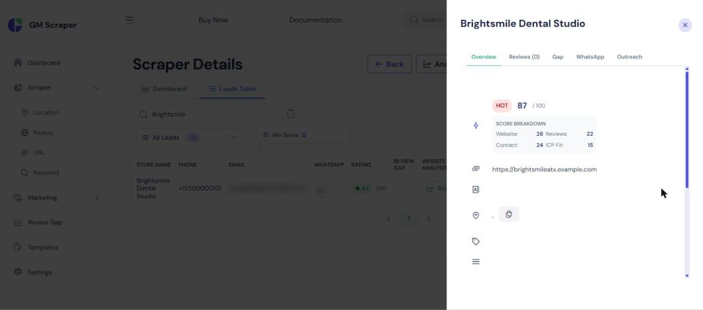 Lead detail sidebar showing a Hot 87/100 score with a breakdown across Website Opportunity 26/30, Review Opportunity 22/25, Contact Reachability 24/25, and ICP Fit 15/20